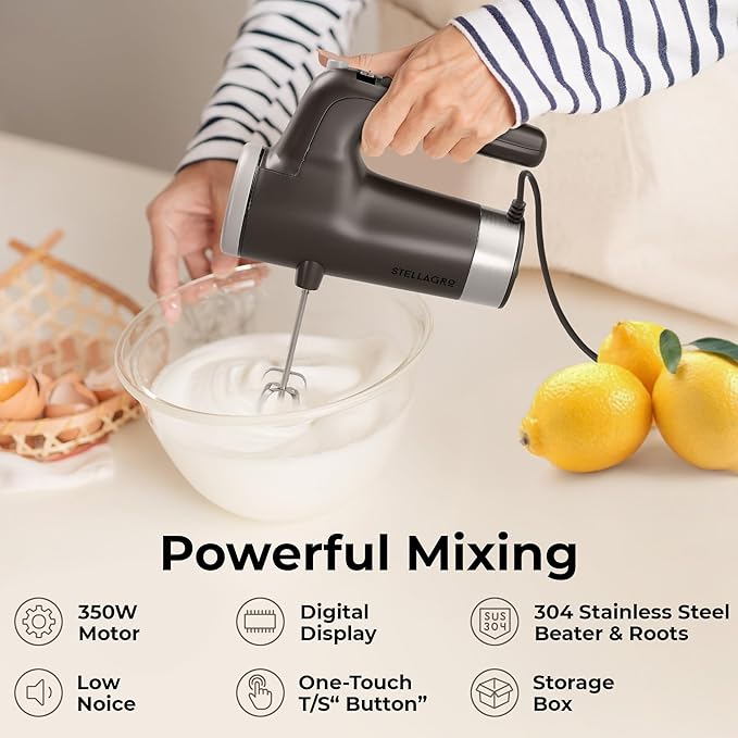 Electric Hand Mixer 9 Speed with Stainless Steel Whisk, Flat Beater & Dough Hook, Snap Storage Case, Compact Lightweight 350 W Powerful handheld mixer for Baking & Cooking, Gray
