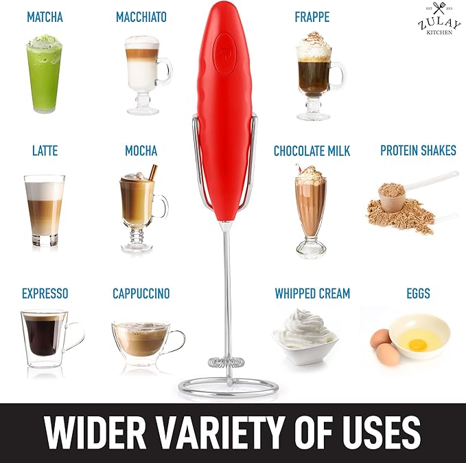 Zulay Double Grip Milk Frother with Holster Stand – Handheld Electric Coffee Frother, One-Touch Foam Maker – Detachable SS Whisk for Latte, Cappuccino, Matcha, Hot Chocolate – Red