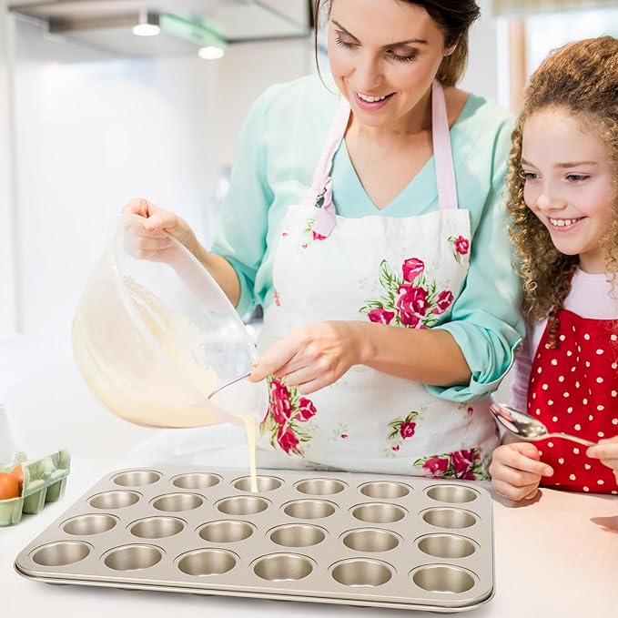 Beasea Nonstick Mini Muffin Pan 24 Cups, 2 Pack 24 Mini Small Tiny Cup Non Stick Muffin Baking Pan Tin Tray Carbon Steel Bakeware Individual Cupcake Baking Pan - Gold
