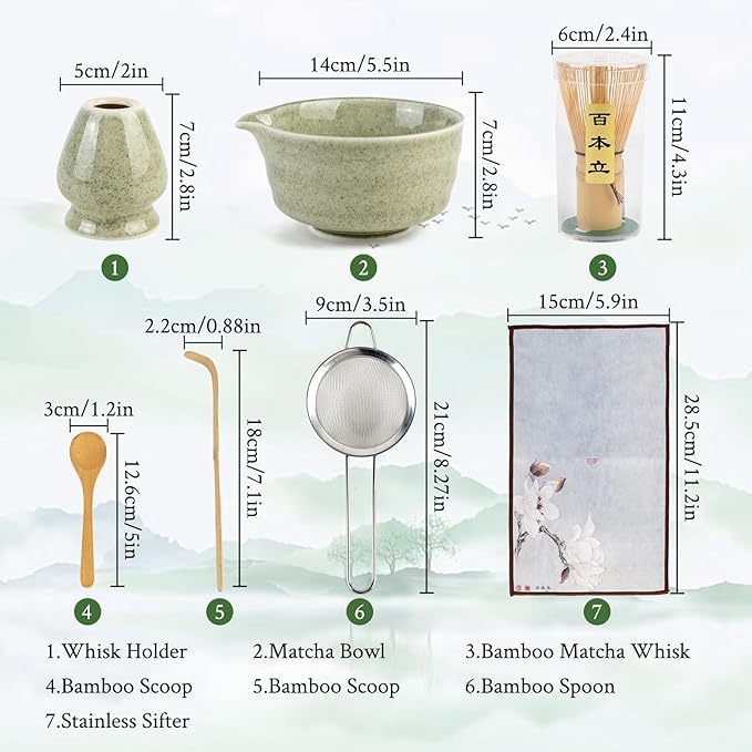 Matcha Whisk Set - Ceramic Matcha Set Includes Matcha Bowl, Whisk and Holder, Bamboo Scoop, Scoop Rest, Sifter and Tea Towel - 7 Pcs Ceremonial Gift Kit for Matcha Lovers (Pure Green)