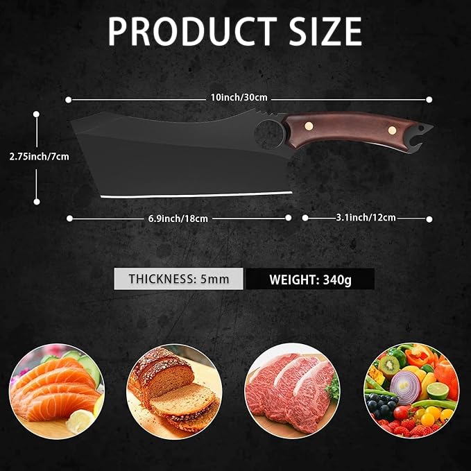 Dream Reach Meat Cleaver, 6.9 inch Black Boning Knife, High Carbon Steel Sharp Kitchen Forged In Fire Knife with Sheath Gift Box Bottle Opener for Outdoor Camping