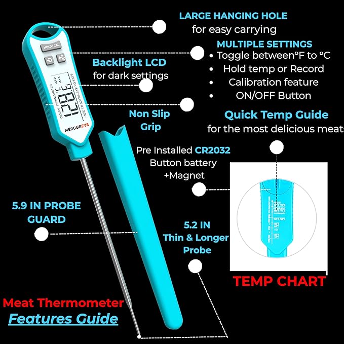 Meat Thermometer Digital, Instant Read Food Thermometer – Waterproof Nonslip Grip Kitchen Timer & Temp Chart Thermometer for Cooking Candy, Oil Fry Indoor & Outdoor Grilling Smoker Roast