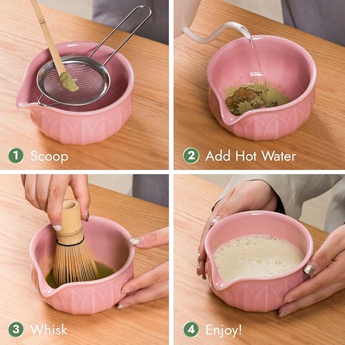 Matcha Whisk Set - 7pcs Japanese Tea Ceremony Kit with Spouted Bowl & Bamboo Whisk, Matcha Starter Kit for Beginners - Authentic Green Tea Accessories, Gift Set for Lovers-Pink