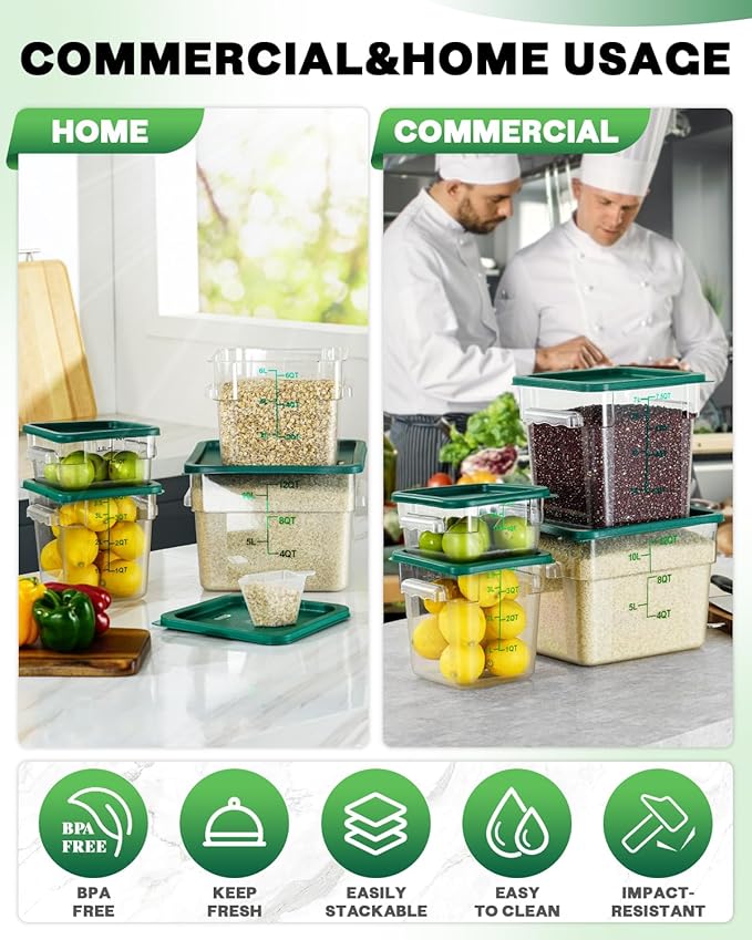 12 Quarts Sous Vide Container: 8 PCS Commercial Food Storage Containers with Lids - Clear Food Container with Scales Handles for Home Restaurant Kitchen Storage Pizza Bread (Green N)