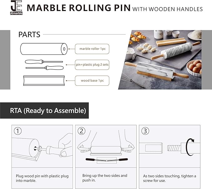 JEmarble Rolling Pin-Plastic Handles(White)(Premium Quality) Polished Surface 18-inch(10"Barrel) Genuine Stone Non-stick Save Effort Easy to Clean