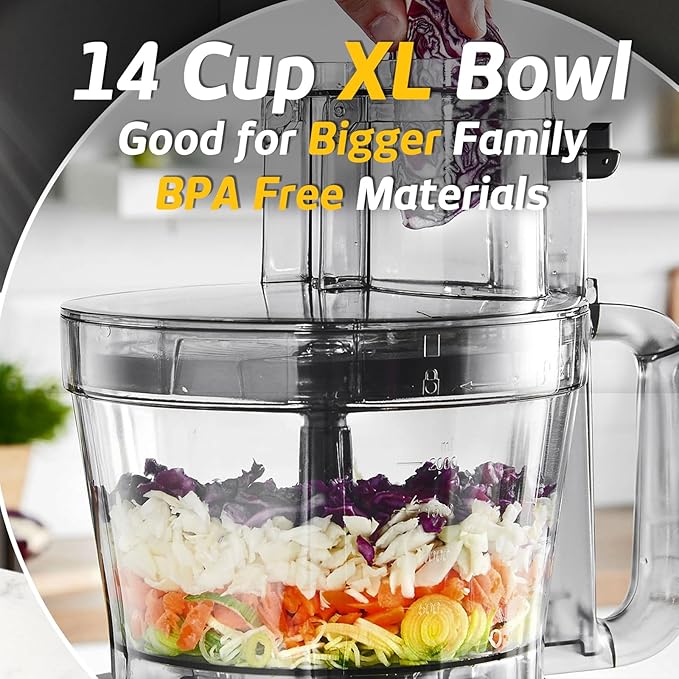 14-Cup French-Fry-Cutter Large Food-Processor - Large Feed Chute, Grey Color, Cheese Shredding, Meat Chopping, Shredding and Slicing, Mixing and Doughing, for Home Use