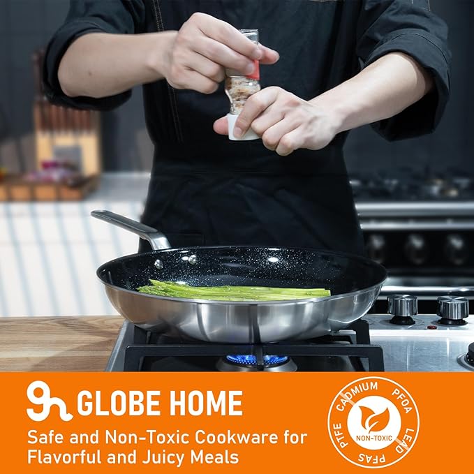 12 Inch Ceramic Non Stick Frying Pans - 5 Ply Stainless Clad Nonstick Skillet, Toxic, PTFE & PFOA FREE, Professional Cookware for Induction, All Stoves and Oven up to 650°F