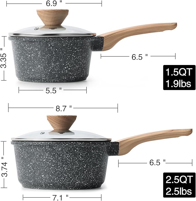 Kordisen Sauce Pan Set with Lid, 1.5QT & 2.5QT Non Stick Small Pots with Granite Coating, Saucepan with Pour Spout, Multipurpose Induction Cooking Pans, PFOA/PFOS Free