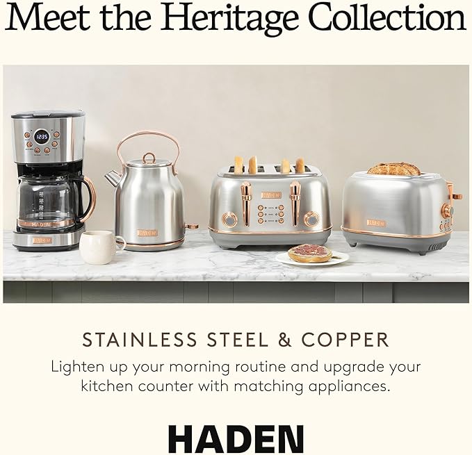 Haden Heritage 4 Slice Wide Slot Stainless Steel Toaster with Adjustable Browning Control & Non-Slip Feet, Steel & Copper