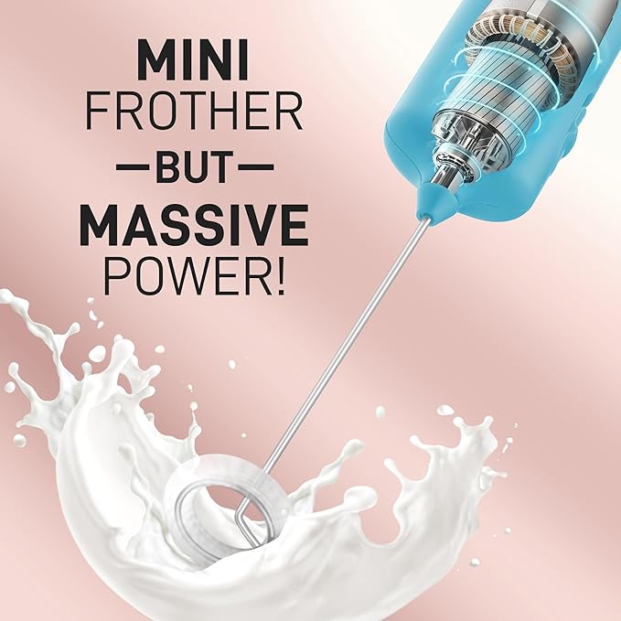 Mini & Mighty Milk Frother Wand – Powerful Handheld Coffee Frother, Battery Operated Drink Mixer – Compact Pocket Size – Detachable Whisk for Latte, Cappuccino, Matcha, Hot Chocolate – Sky Blue