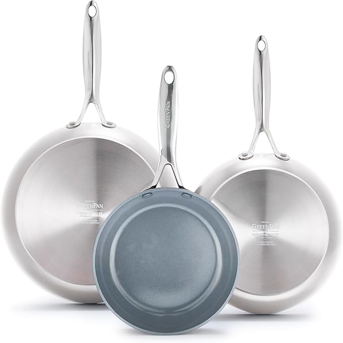 GreenPan Valencia Pro Tri-Ply Stainless Steel 8” 10” & 12” Frying Pan Skillet Set, Ceramic Nonstick PFAS-Free Coating, Multi Clad Cookware, Induction, Dishwasher Oven and Broiler Safe