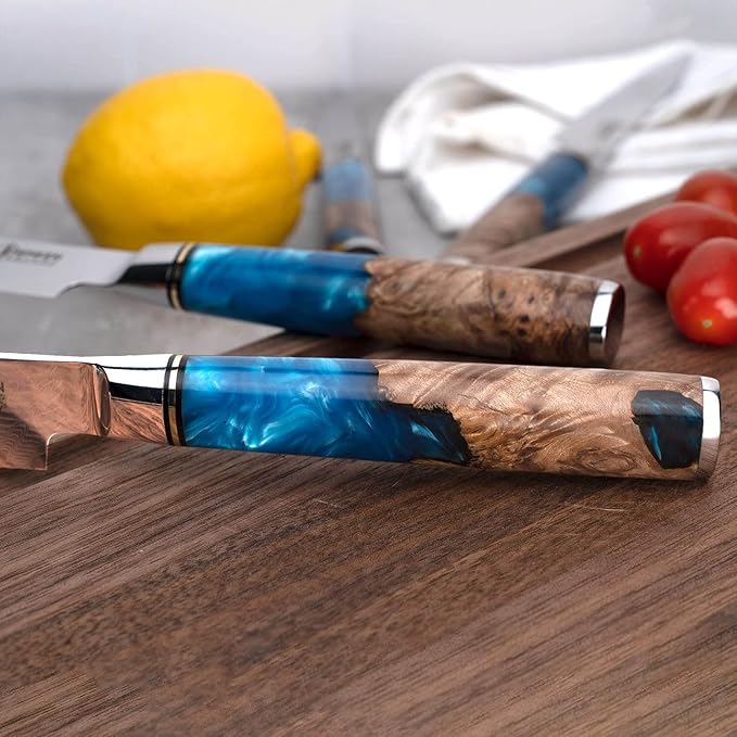SENKEN Damascus Steak Knife Set - Tsunami Collection - 67-Layer Japanese VG10 Steel - Razor Sharp Non-Serrated Blades, Blue Resin & Natural Wood Pattern Handles, Luxury Gift Box (4 Steak Knife Set)