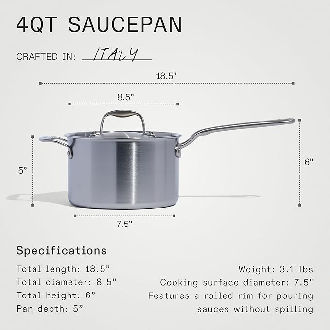 Made In Cookware - 4 Quart Stainless Steel Saucepan with Lid - 5 Ply Stainless Clad Sauce Pan - Professional Cookware - Crafted in Italy - Induction Compatible