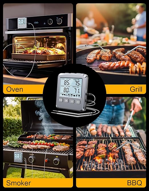 Dual Probe Meat Thermometer Digital for Cooking, Grilling & Smoking with Large LCD Backlight & Alarm, Kitchen Food Grill Thermometer, Smoker Accessories for BBQ, Oven, Oil Fry, Gifts for Men