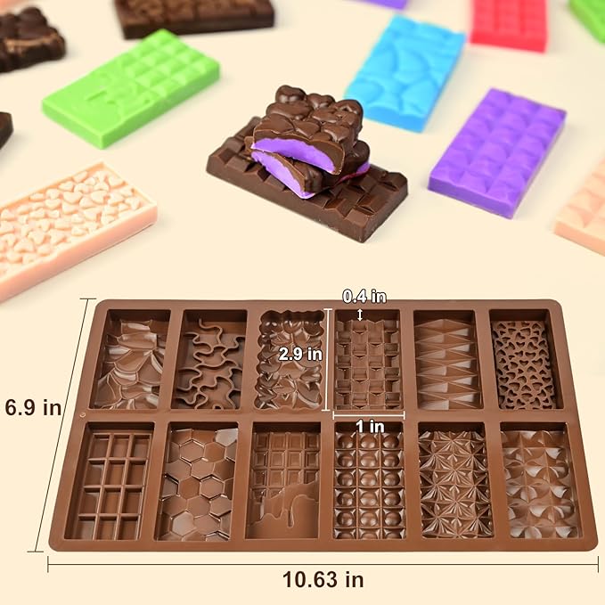 2 Pcs Chocolate Bar Mold, Non Stick Dubai Chocolate Bar Knafeh Pistachio Candy Mold, 12-in-1 Break Apart Design for Dubai Molds, Energy Protein Bar