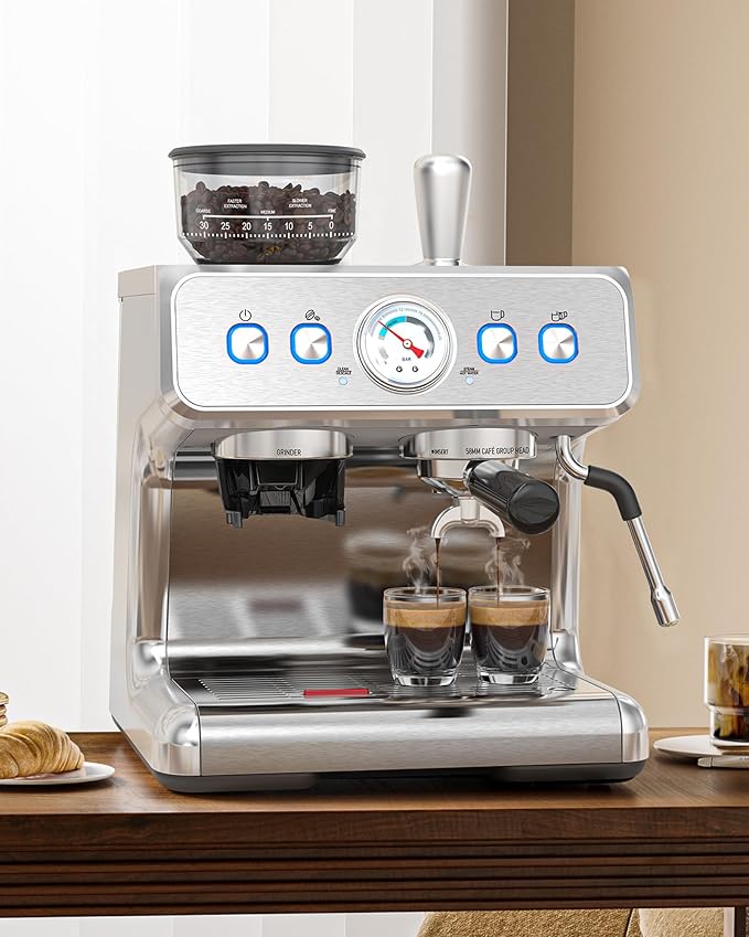 COWSAR Commercial Espresso Machine 15 Bar, Semi-Automatic Espresso Maker with Bean Grinder & Milk Frother Steam Wand, Removable Water Reservoir, Self-Cleaning, Ideal for Cappuccino, Stainless Steel