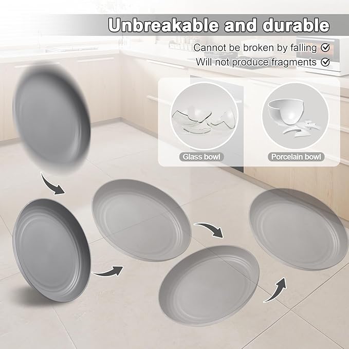 12 Pcs Unbreakable Deep Dinner Plates Set, 10 inch Reusable Plastic Wheat Straw Plates, Microwave and Dishwasher Safe Plate for Kitchen, Lightweight Plate for Dessert, BPA Free, White Gray