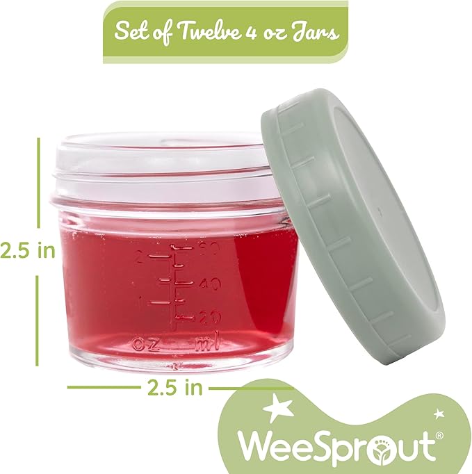 WeeSprout Glass Baby Food Storage Jars w/Lids (4 oz, 12 Pack Set) Snack, Puree, Reusable Small Containers, Breast Milk, Fridge or Freezer, Microwave & Dishwasher Safe, Essential Must Have for Infants