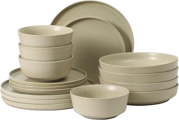 Gibson Elite Overbrook 16-Piece Pottery Clay Stoneware Dinnerware Set – White Reactive Glaze, Stackable Plates and Bowls w/Pasta Bowl, Service for 4 – Microwave & Dishwasher Safe