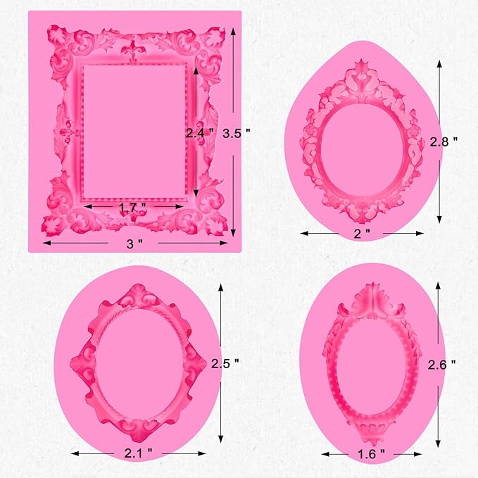 JOERSH 4PCS Baroque Frame Mold, Picture Photo Frames and Mirrors Silicone Fondant Mold for Cake Decorating, Cupcake Topper, Chocolate, Candy, Sugarcraft, Dessert Decor