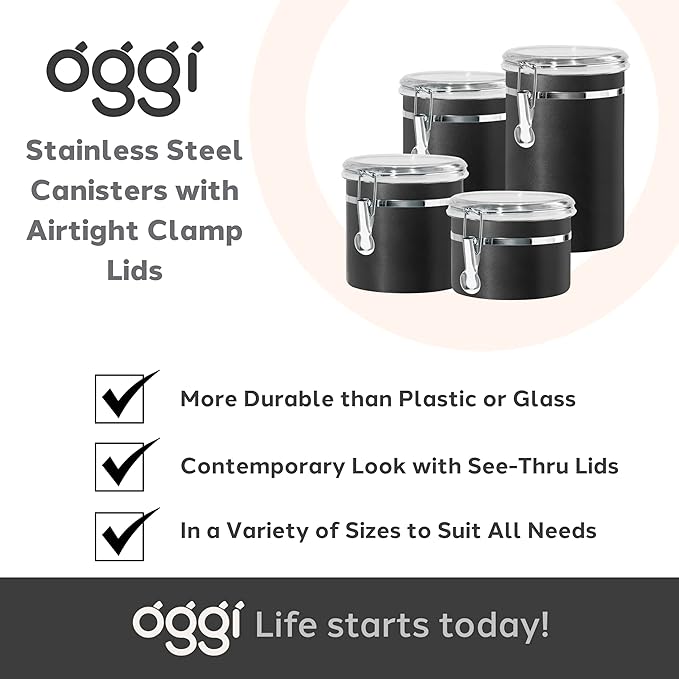 Oggi Stainless Steel Kitchen Canister 47 fl oz, Black - Airtight Clamp Lid, Clear See-Thru Top - Ideal for Kitchen Storage, Food Storage, Pantry Storage. Large Size 5" x 6".