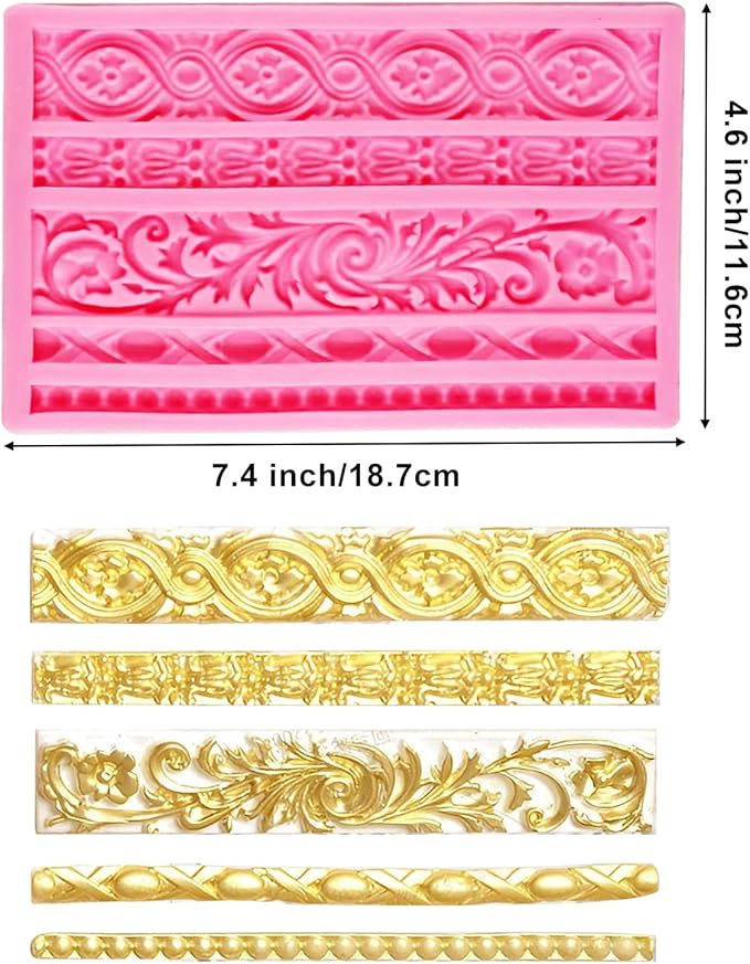 Silicone Fondant Molds, AIMEIKI 3 Pack Baroque Fondant Molds Scroll Border Lace Silicone Molds Curlicues Gum Paste Candy Chocolate Baking Molds for Cake Candy Chocolate DIY Crafts