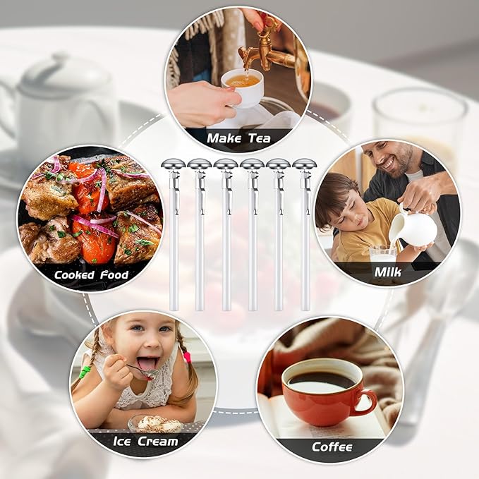 Xuhal 6 Pcs Stainless Steel Kitchen Thermometer with 5 Inch Long Stem 1 Inch Dial Thermometer Milk Frothing Food for Oven Probe Meat Grill BBQ Cooking Chocolate Water(White)