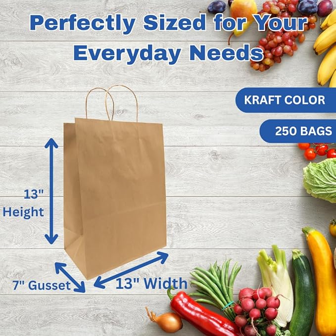 ASSUREPAK DIY Earth Friendly Grocery Paper Bag - 250 Bags - 13"x7"x13" - 74LB (110 GSM strong) - Twisted Handle - Kraft/Natural - Recyclable Food & Supermarket Bags for Decorating & Branding
