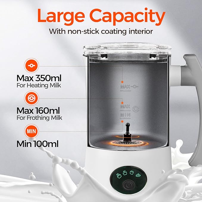 Milk Frother, 4-in-1 Electric Milk Steamer, 11.8oz/350ml Large Capacity for Auto Warm/Cold Foam, Heating Milk for Coffee, Latte, Macchiato, Cappuccino, Hot Chocolate (White)