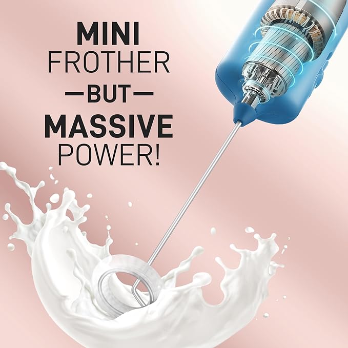 Mini & Mighty Milk Frother Wand – Powerful Handheld Coffee Frother, Battery Operated Drink Mixer – Compact Pocket Size – Detachable Whisk for Latte, Cappuccino, Matcha, Hot Chocolate – Metallic Blue