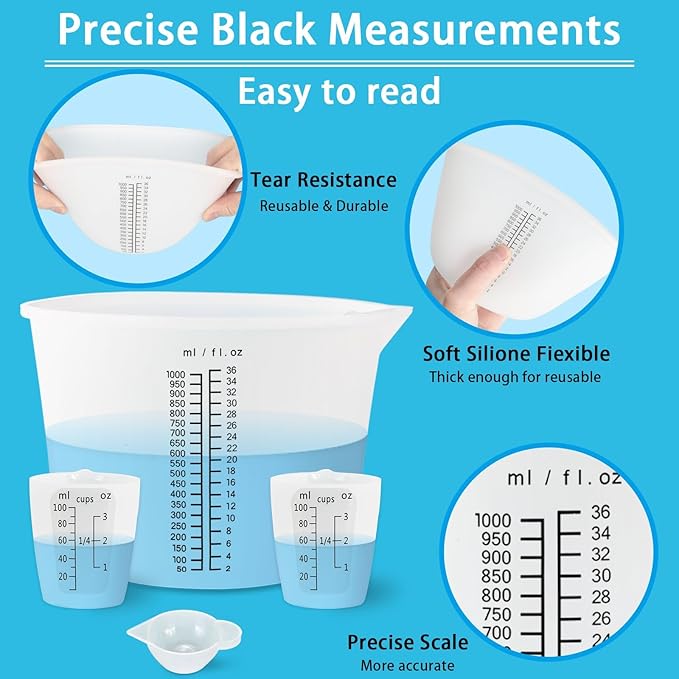 Creahaus 1000ML Large Silicone Measuring Cups for Resin, Easy to Read 36oz Silicone Mixing Bowl with 100ML Mixing Cup, Easy Clean Reusable Epoxy Resin Supplies with Stir Stick, Pipettes
