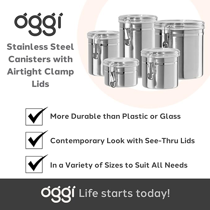 OGGI Stainless Steel Kitchen Canister 52 fl oz - Airtight Clamp Lid, Clear See-Thru Top - Ideal for Kitchen Storage, Food Storage, Pantry Storage. Large Size 5" x 6".