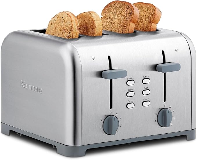 Kenmore Toaster 4 Slice - Extra Wide Slot Countertop Kitchen Appliance, Defrost Function, Grille-Pain, 9 Shade Settings, Compact Design, Easy Clean Crumb Tray, Bread Bagel, Stainless Steel