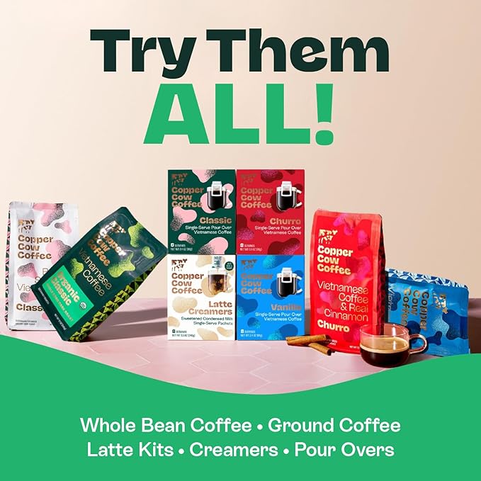 Copper Cow Coffee Pour Over Vietnamese Coffee Pouches + Sweetened Condensed Milk Creamers (8 Coffees & 8 Milk Creamers) | Classic Black Lattes, No Refrigeration Needed, Travel Friendly