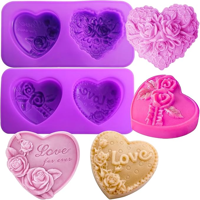 Rose Silicone Molds, AITRAI 4 Types 3D Rose Heart Silicone Molds Heart Soap Molds for Soap Making Cake Candle Chocolate Dessert Handmade Gift for Graduation Wedding Birthday, Purple