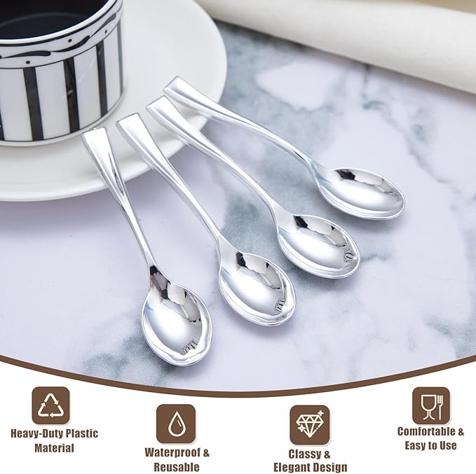 WDF 300 Pieces Plastic Silver Mini Spoons - 4 Inches Silver Plastic Tasting Spoons for Desserts, Heavy Duty Disposable Spoons Perfect for Coffee, Cake, Desserts, Appetizers for Christmas Wedding/Party