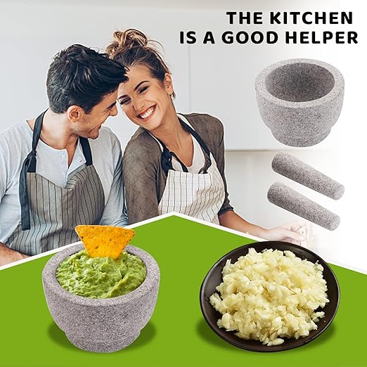 Mortar and Pestle Set,Heavy Duty,Unpolished Granite,6 Inch-2Cup Capacity,Grinder for Spices and Seeds,Grinding,Crushing and Mashing Spices,Nuts,for Guacamole,Garlic Sauce,Gray.