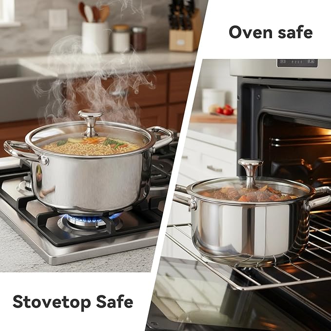 3QT Stock Pot, 316L Stainless Steel Stockpot with Lid, Professional Multi-Use Soup & Pasta Cooking Pot, Oven, Gas and Dishwasher Safe