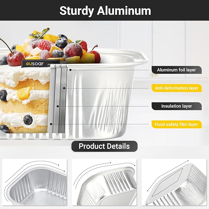 EUSOAR Baking Cups with Lids, 10oz 50pcs Square Muffin Liners Disposable Ramekins with Lids, 300ml Aluminum Foil Snacks Desserts Muffin Cups Flan, Pie Ramekin, Wedding Party Favor Baking Cups-Silver