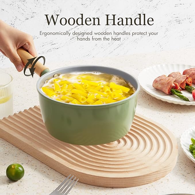 ROCKURWOK Ceramic Nonstick Sauce Pan with Lid, 2 Quart Cooking Pot, Small Saucepan with Steamer, PTFE& PFAS-Free, Wooden Handle for Cool Touch, Universal Base(Gas, Electric & Induction), Green