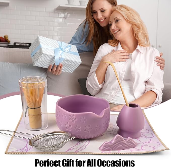 Matcha Whisk Set - Traditional Japanese Handmade Bamboo Matcha Whisk and Holder, Matcha Bowl,Bamboo Scoop, Scoop Rest, Sifter and Tea Towel (Purple)