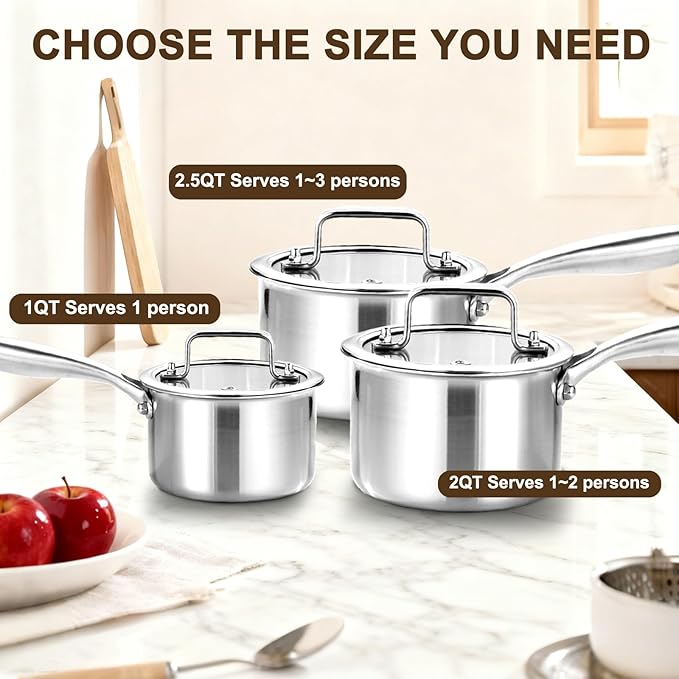 DELARLO Stainless Steel Small Brushed Saucepan With Lid, Induction Cooking Sauce Pot Pans, 18/8 Tri-Ply Heavy Bottom Saucier Cookware, Dishwasher Safe & Oven Safe(2 Quart)
