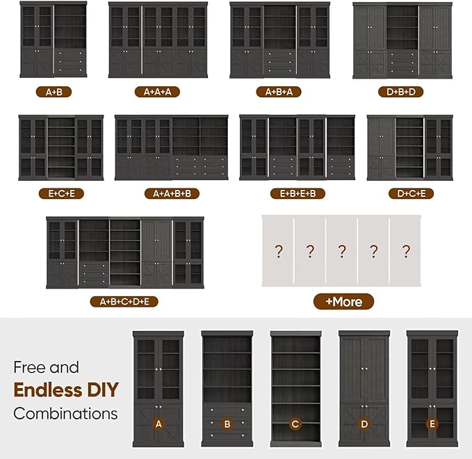 70.8" Tall Farmhouse Bookshelf with Glass Doors, Modular Bookcase with 6-Tier Adjustable Shelves, Large Storage Cabinet for Kitchen, Living Room, Black, Set of 3