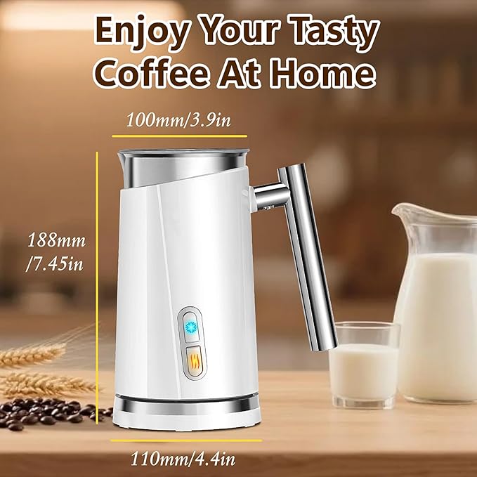 Milk Frother and Steamer, Non-Slip Stylish Design, Hot & Cold Milk Steamer with Temperature Control, Auto Shut-Off Frother for Coffee, Latte, Cappuccino, Macchiato (white)