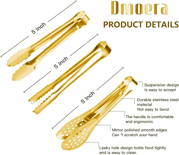 12 Pack Gold Premium Small Serving Tongs, Dmoera Mini Stainless Steel Appetizer Tongs, 5 Inch(12.7cm)