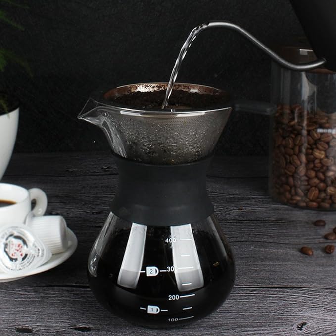 Zopsc 400ml Manual Hand Drip Glass Coffee Maker Pot with Stainless Steel Filter, Marks, Fine Mesh, Suitable for Kitchen, Dining Table, Easy to