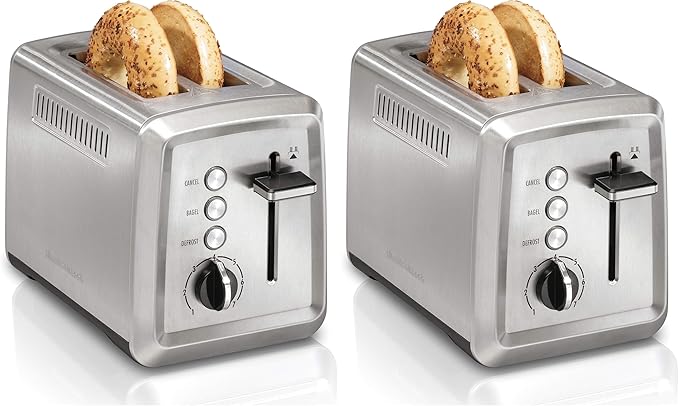 Hamilton Beach 2 Slice Toaster with Extra-Wide Slots, Bagel Setting, Toast Boost, Slide-Out Crumb Tray, Auto-Shutoff & Cancel Button, Defrost Function, Stainless Steel (22794) (Pack of 2)