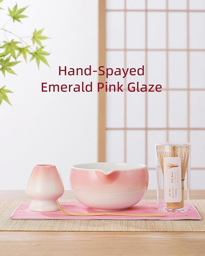 ZENS Pink Matcha Set, 6pcs Matcha Kit Includes Ceramic Bowl, Handcrafted Bamboo Whisk and Chasen Holder, Scoop, 304 Sifter & Tea Mat, Matcha Whisk Set Gift for Matcha Lovers