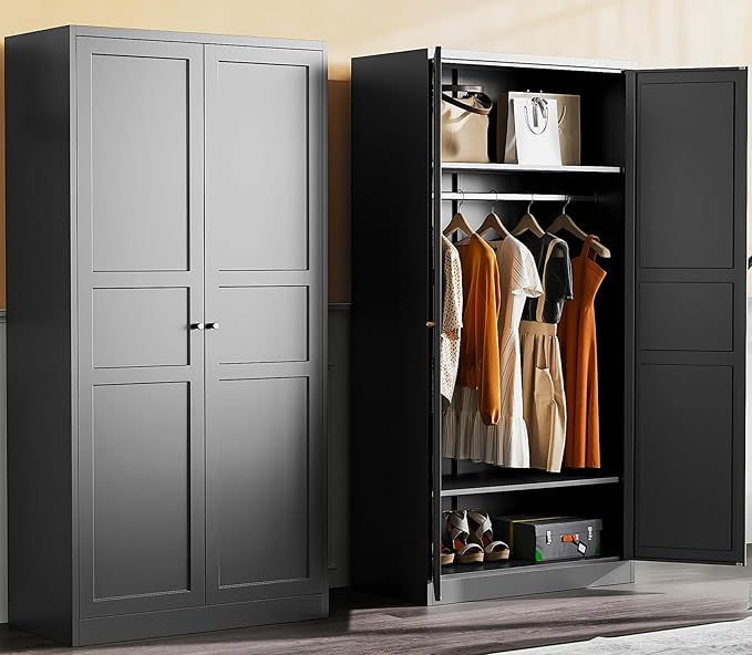 SISESOL Metal Wardrobe Cabinet with Hanging Rod,Black Armoire Wardrobe Closet,Metal Clothing Storage Cabinet with Adjustable Shelves and Doors,72" Cloth Storage Cabinets for Home,Living/Laundry Room