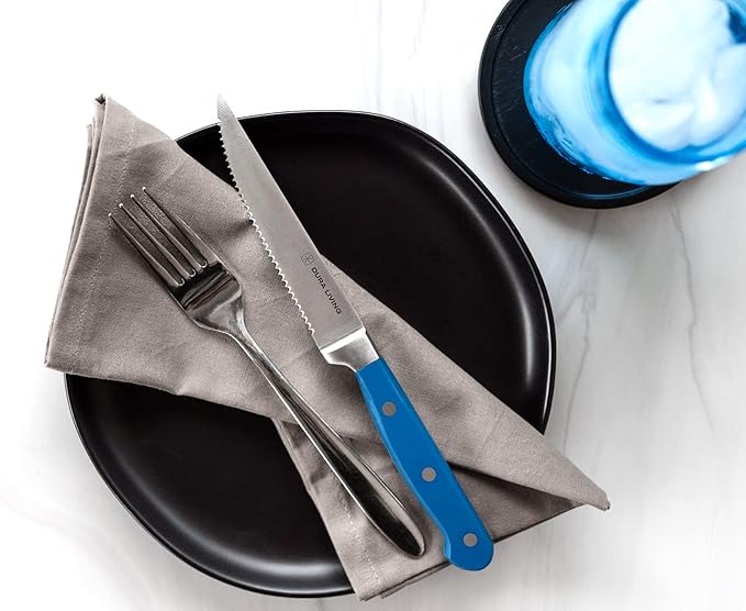 DURA LIVING Premium 8-Piece Steak Knife Set – Sharp Serrated Blades, Forged High Carbon Stainless Steel, Full Tang, Ergonomic Handle, Royal Blue – Ideal for Dining & Entertaining